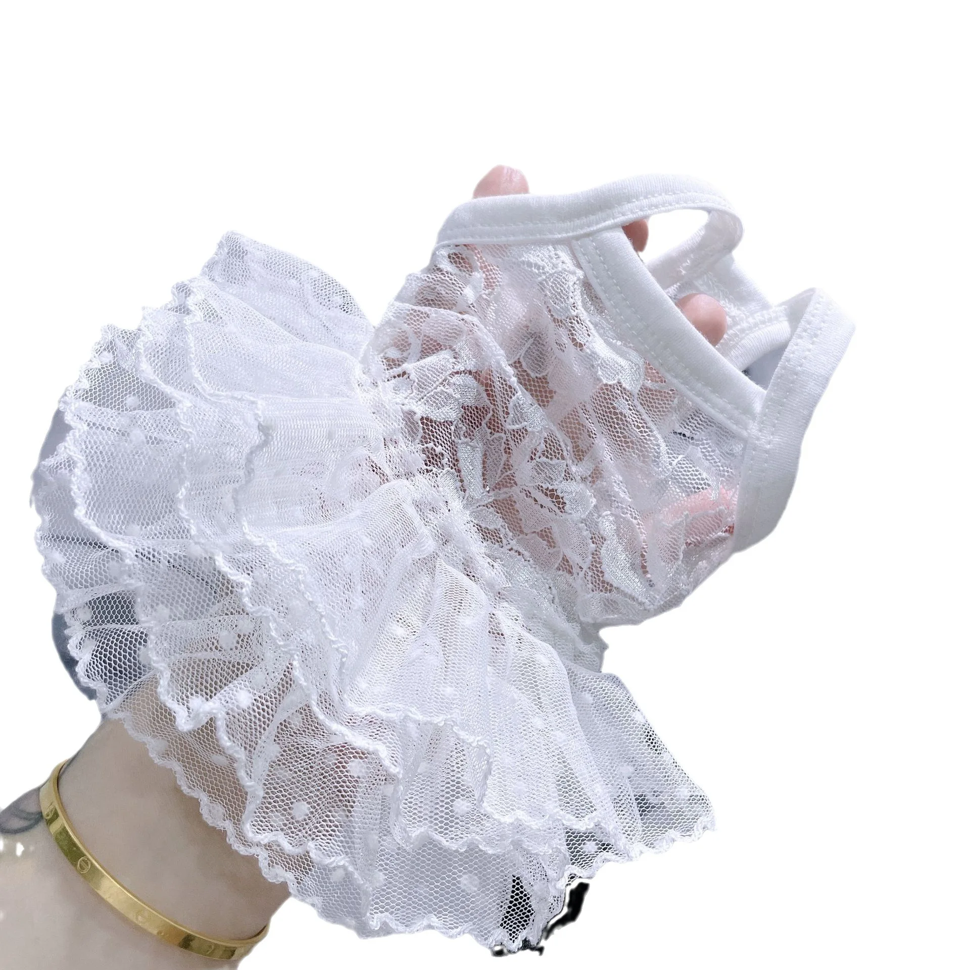 Vestido de novia para mascotas Falda con tirantes de encaje blanco ​   Falda mullida de gasa transpirable con lazo de perlas, ropa para cachorros para perros pequeños, Chihuahu - imagen 5