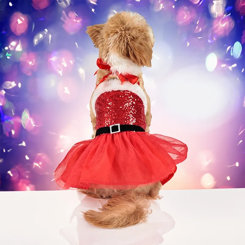Falda navideña para perros, vestido de malla brillante con lazo, ropa para fiesta de Navidad para mascotas, ropa para perros pequeños, ropa para cachorros - imagen 2