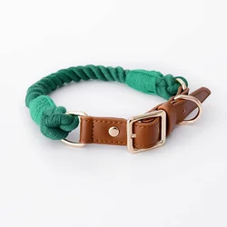 Collar de cuero suave para mascotas, cuerda de algodón tejida a mano para gatos y perros, ajustable, hecho a mano, cómodo, color verde