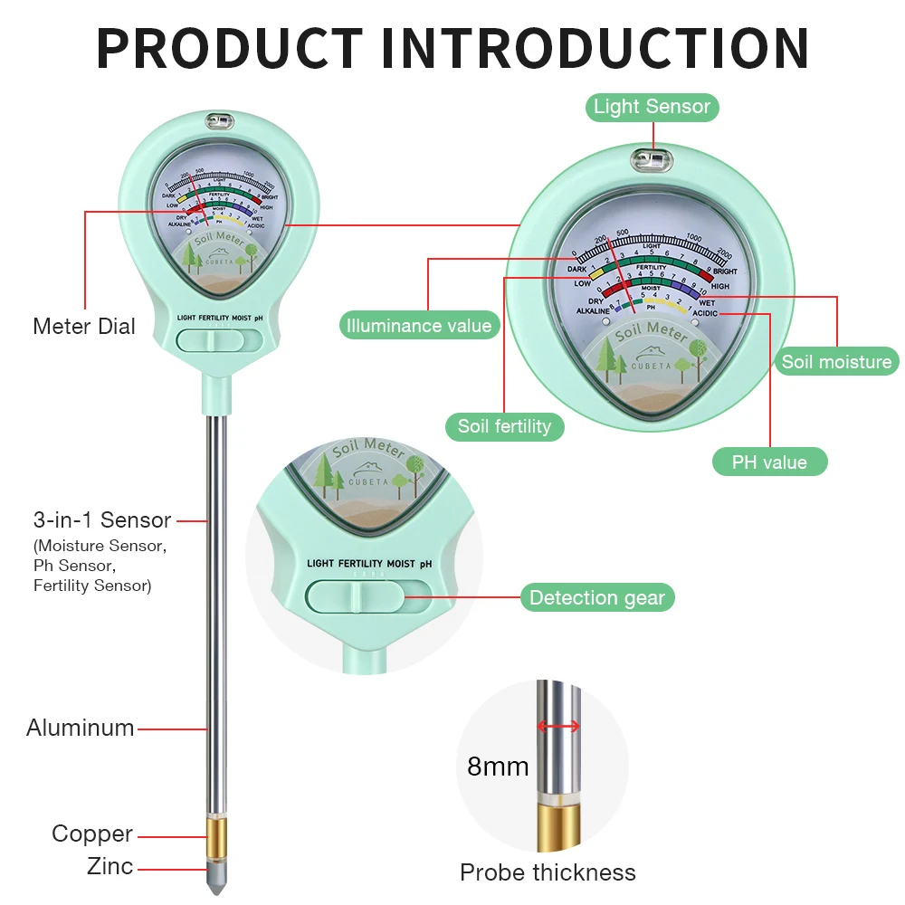 Medidor de suelo 4 en 1: pH, humedad, luz y fertilidad - imagen 2