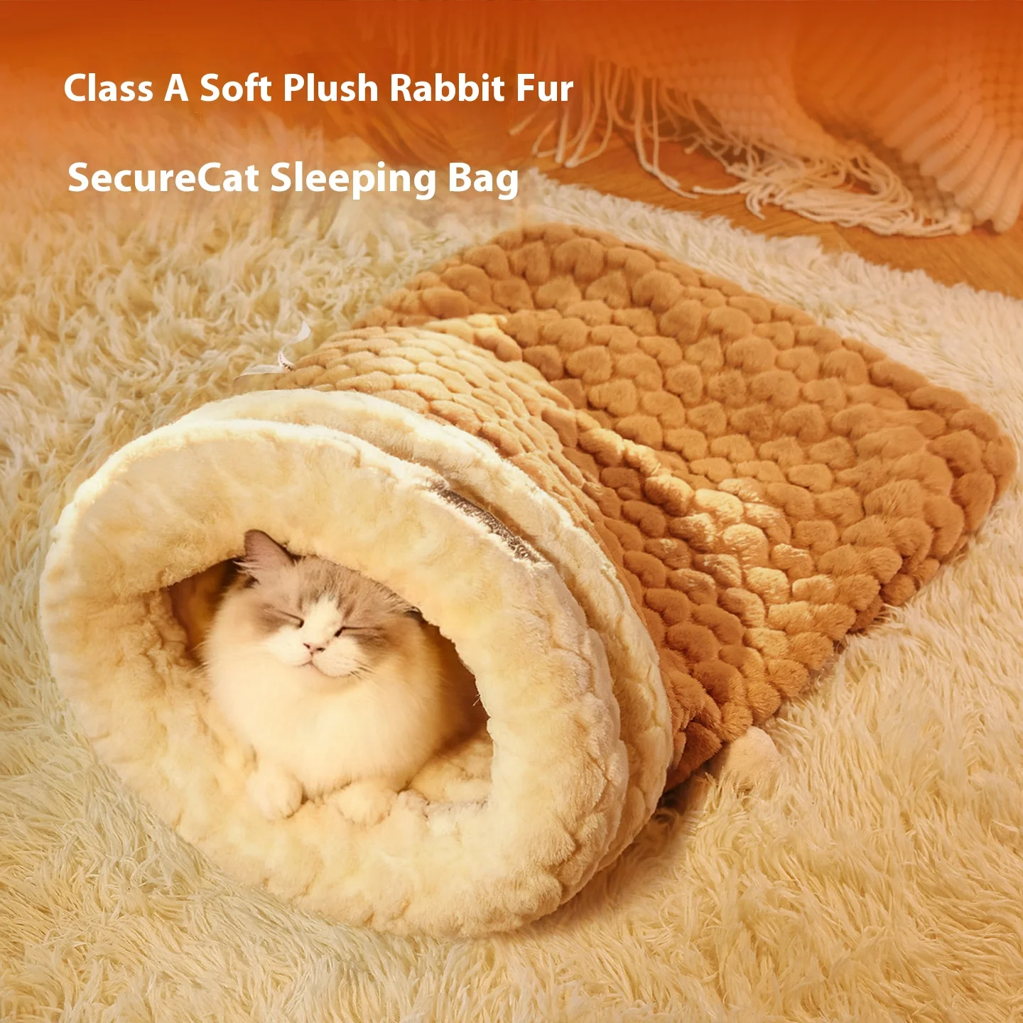 Cama para gatos cerrada con entrada de túnel: saco de dormir de piel de conejo de peluche autocalentable para invierno, escondite seguro para mascotas - imagen 2