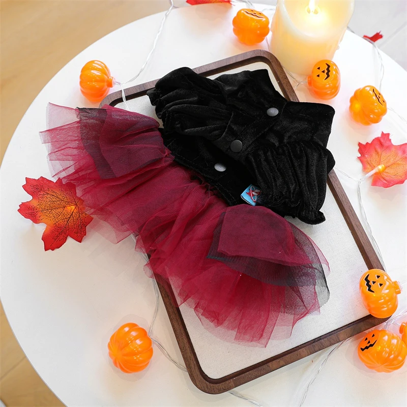 Gothic Halloween Skull Dresses for Girl Dog Layered Veils Red Pet Kitten One Piece Cosplay Pirate Festival Party York Dog Skirt - imagen 5