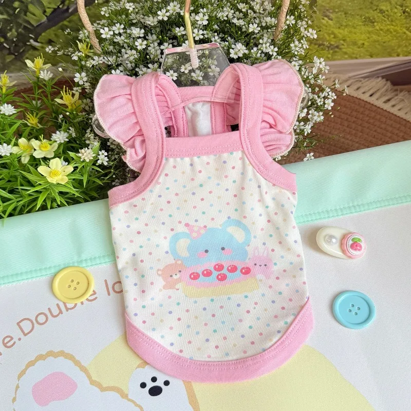 Ropa fresca colorida de algodón para mascotas, ropa transpirable de seda helada, camiseta sin mangas para exteriores para perros y gatos, bonito oso de peluche con patrón de dibujos animados - imagen 4