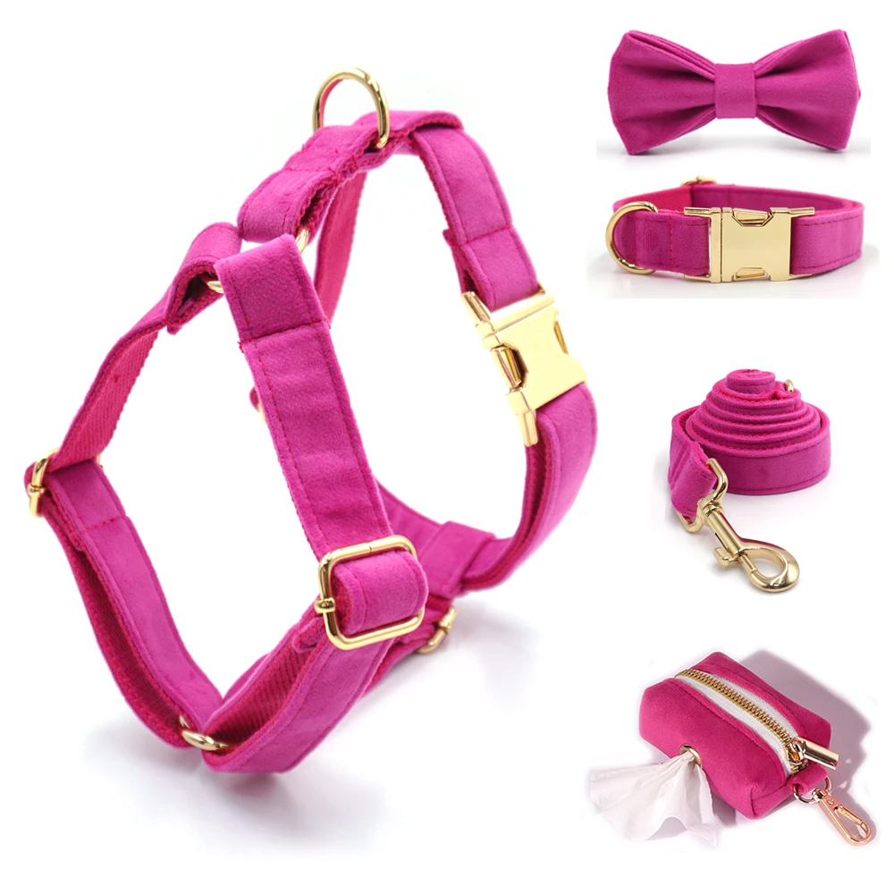Collar de perro personalizado de terciopelo fucsia para perros pequeños, arnés ligero para perro bonito con lazo, conjunto de tracción personalizado para cachorros con flores