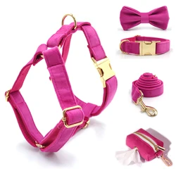 Collar y arnés con lazo terciopelo fucsia para perros pequeños