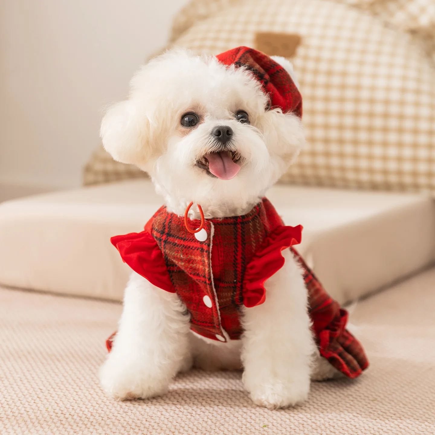 Ropa navideña de invierno para perros, vestido con arnés con capucha y lazo rojo para perros pequeños, Año Nuevo festivo para Bichon - imagen 4