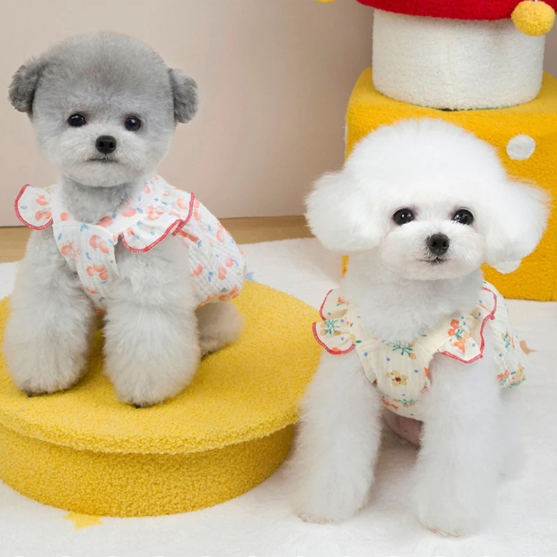 Floral Cotton Yarn Summer Dresses for Pet Dogs Breathable Small French Bulldog Princess Girl Overalls Sweet Cat Party Vest Skirt - imagen 2