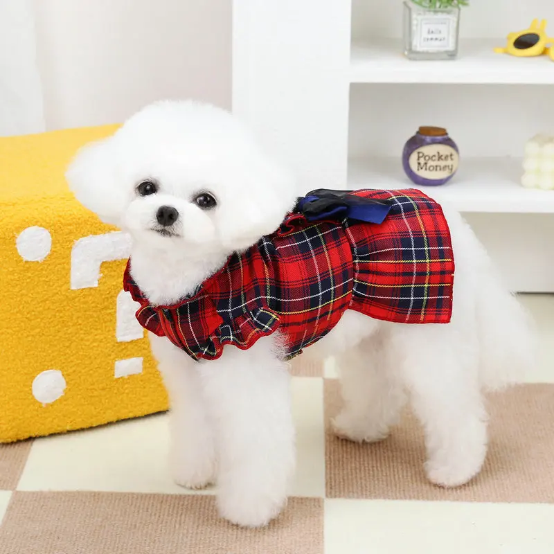 Vestido a cuadros con lazo para perros pequeños, ropa para cachorros con volantes para niñas, trajes para perros de primavera y verano, vestidos con arnés con volantes para perros y gatos - imagen 4