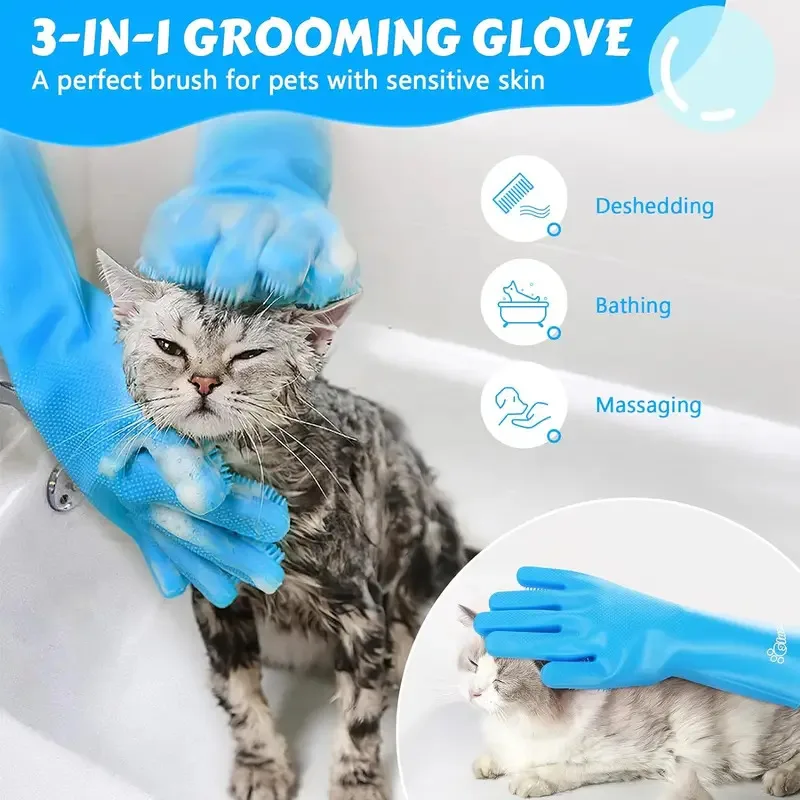 Guantes de aseo para mascotas, guante de limpieza para baño de perros y gatos, champú, depurador, guante de depilación de silicona suave, protección de la piel de las manos - imagen 3
