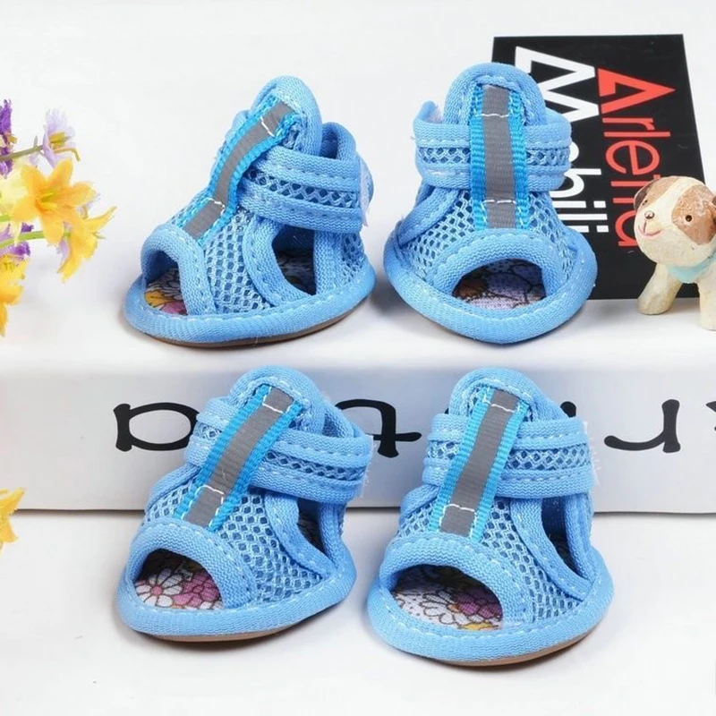 Zapatos de verano para gato y perro, sandalias de malla para mascotas pequeñas, antideslizantes, duraderos, para cachorros, suministros para caminar al aire libre, 4 piezas - imagen 3