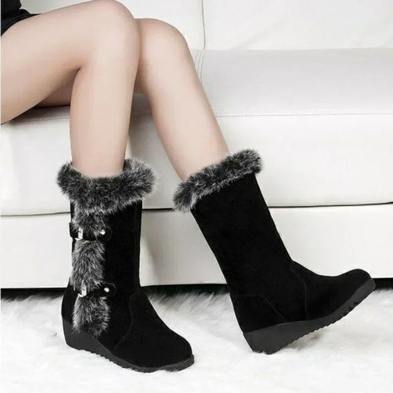 Nuevas botas de invierno para mujer, botas informales de piel cálida a media pantorrilla, zapatos para mujer, cuñas sin cordones con punta redonda, botas de nieve, zapatos para mujer de talla grande 42 - imagen 3