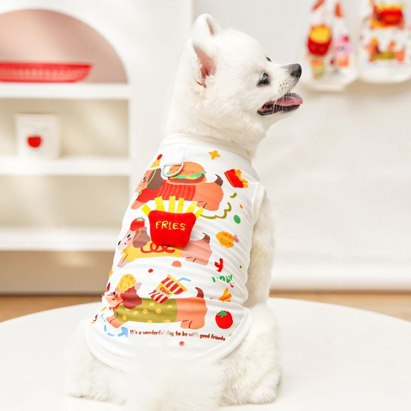Camiseta de verano con protección UV para perros de compañía, chaleco de malla Unisex con hamburguesa de dibujos animados para gatos, monos, ropa de Bulldog Francés de alta elasticidad - imagen 3