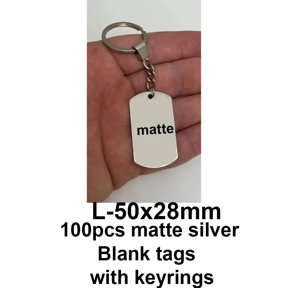 Etiquetas en blanco plateadas mate de acero inoxidable de 100 piezas con llaveros