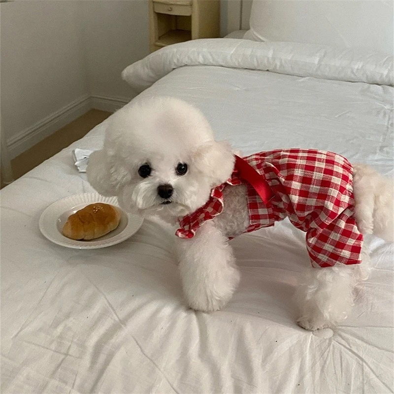 Monos a cuadros de Navidad y Año Nuevo para mascotas, mono rojo de otoño e invierno, vestido de peluche para perros pequeños y medianos, ropa para cachorros