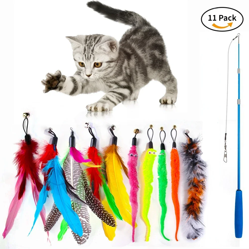Juego de juguetes retráctiles de plumas para gatos, varita retráctil para gatos, juguetes y rompecabezas de repuesto con recambios de campana, juguete para gatos de interior - imagen 2