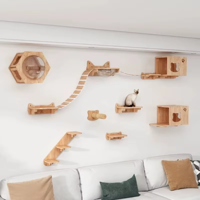 Estantería pared gatos madera maciza con rascador sisal y cápsula - imagen 3