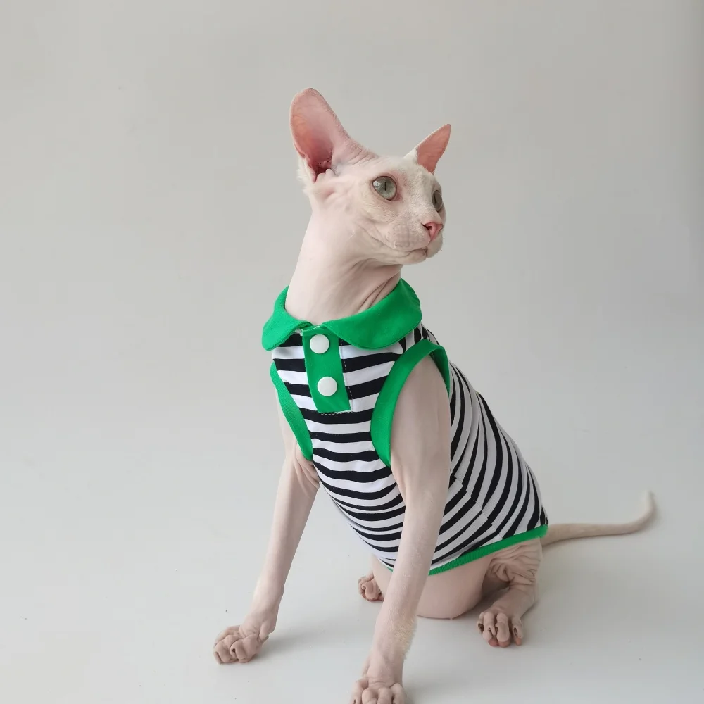 Cartoon Striped T-shirt for Sphynx Cat in Spring Summer Cute Blue Dinosaur Polo Suit Black Sleeveless Fashion Vest for Devon Rex