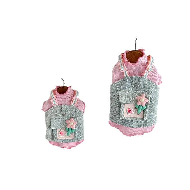 Ropa de invierno para mascotas, falda vaquera para cachorros + chaleco Floral de cuerda, ropa para gatos, camisa Base Floral transpirable, ropa para perros pequeños - imagen 5