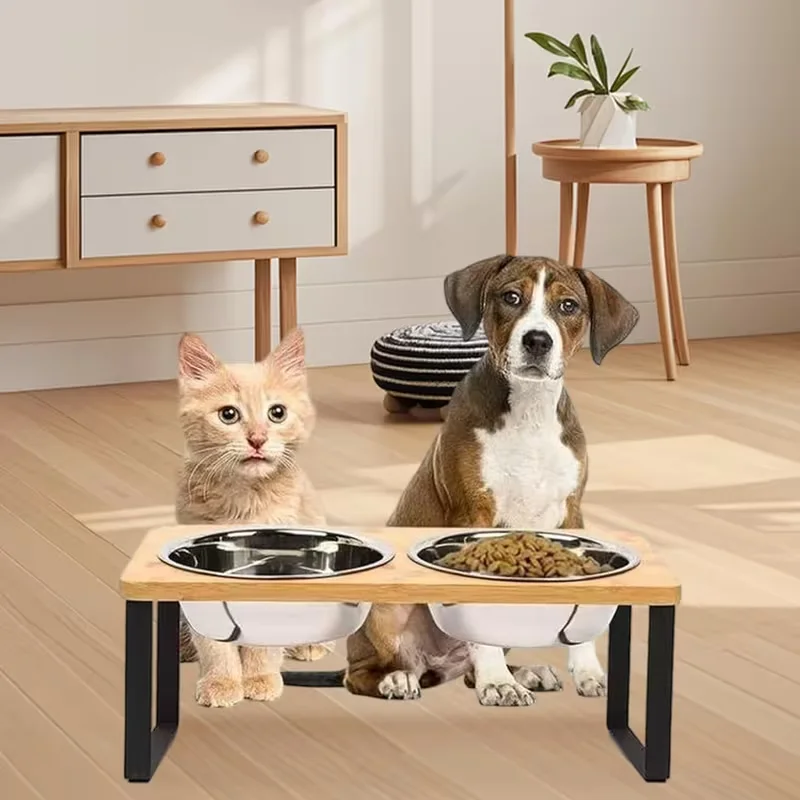 Comedero elevado para gatos de acero y madera natural