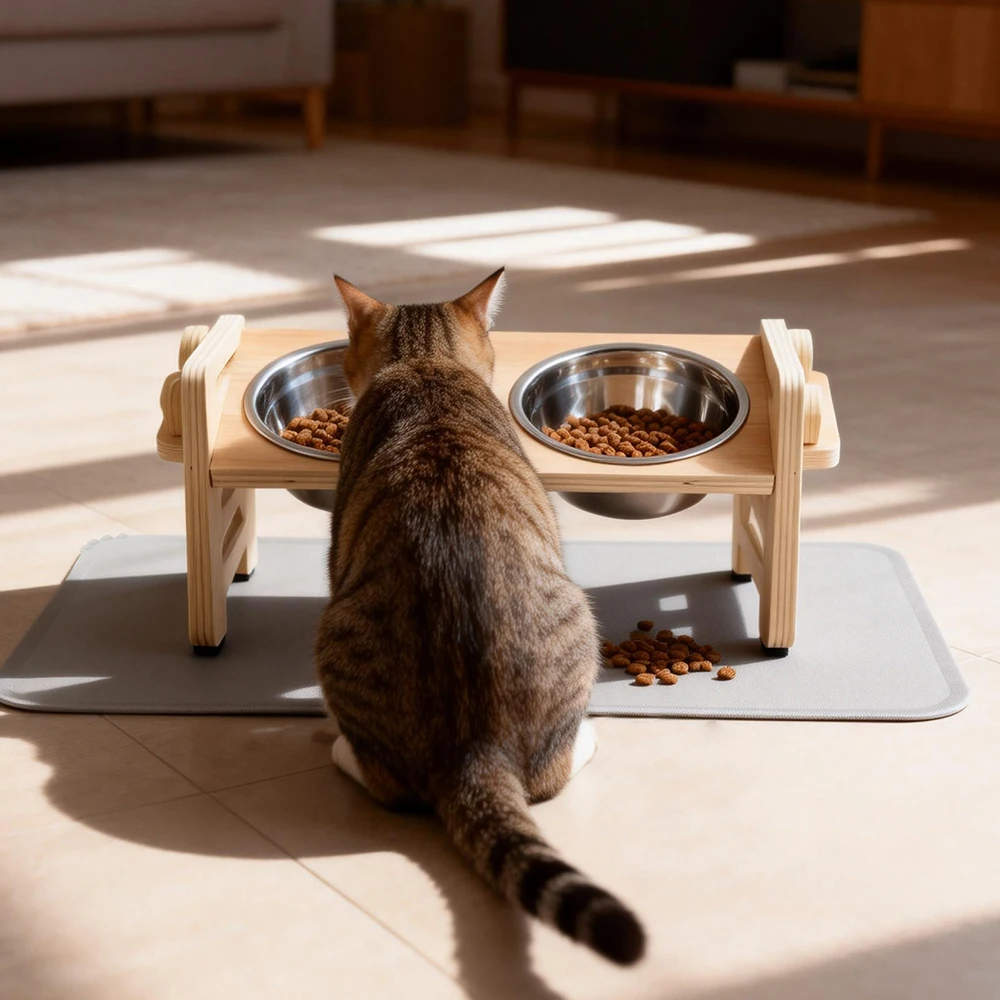 Soporte para comederos de gatos ajustable con tapete antiderrames - imagen 5