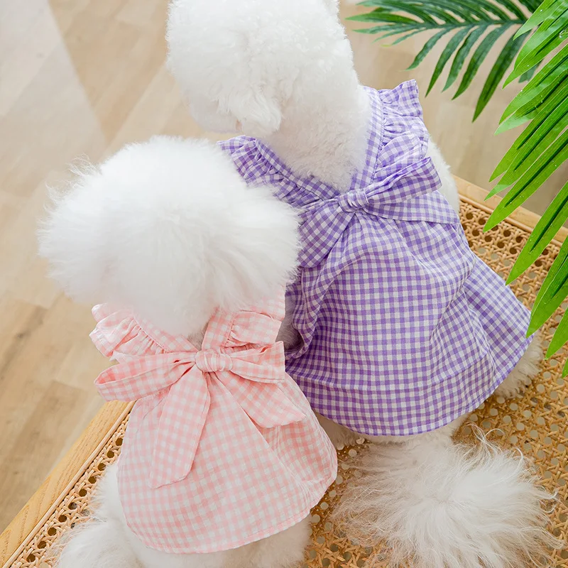 Ropa para perros, falda con tirantes a cuadros para cachorros, vestido de lujo para perros, disfraz para mascotas, ropa para Chihuahua Bichon Yorkie, chaleco con lazo rosa para perros - imagen 2