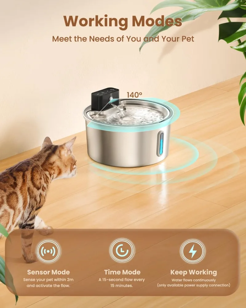 VOFORD-fuente de agua inalámbrico para gatos, recarga de 3,2l, Sensor automático, fuente de agua para perros de acero inoxidable, múltiples cuencos para beber para mascotas - imagen 3