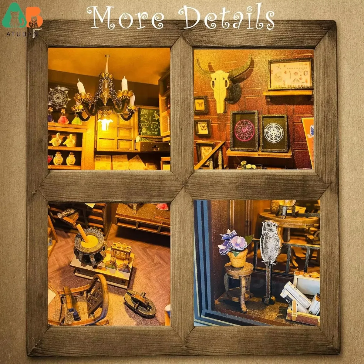 ATUBAN Kit de rincón de libros DIY, libro de casa de muñecas DIY, decoración de inserción de estante de cuaderno de biblioteca, Kit en miniatura de sujetalibros de madera 3D con luz - imagen 5