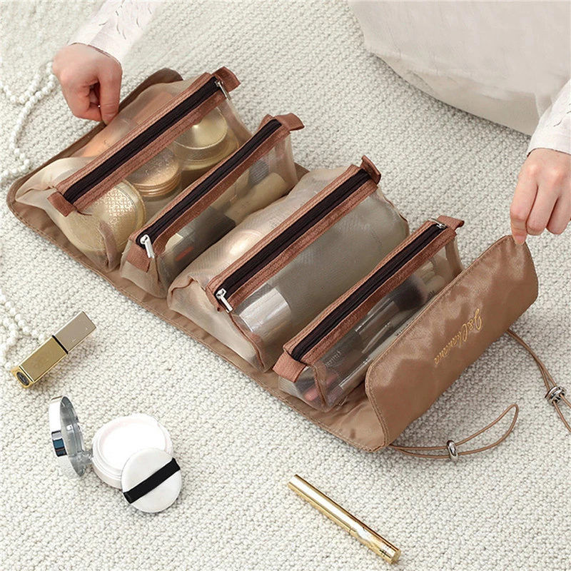Bolsa de cosméticos 4 Uds en 1 para mujer, bolsa de cosméticos separable de malla con cremallera, bolsa de nailon plegable para mujer, bolsa de almacenamiento de brochas de maquillaje de cuerda