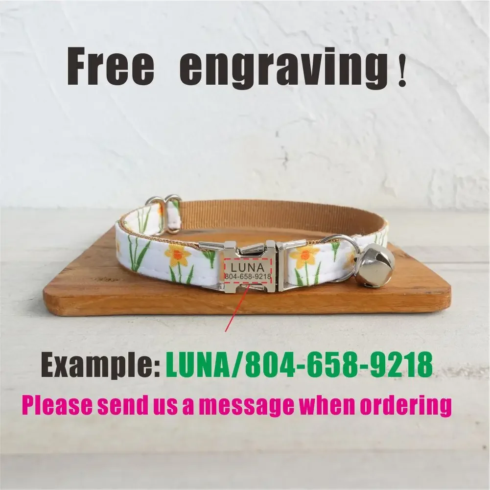 Collar de gato personalizado, contactos de nombre de identificación personalizados, hebilla de metal, collares de gato de margaritas de girasol ajustables con campana - imagen 4