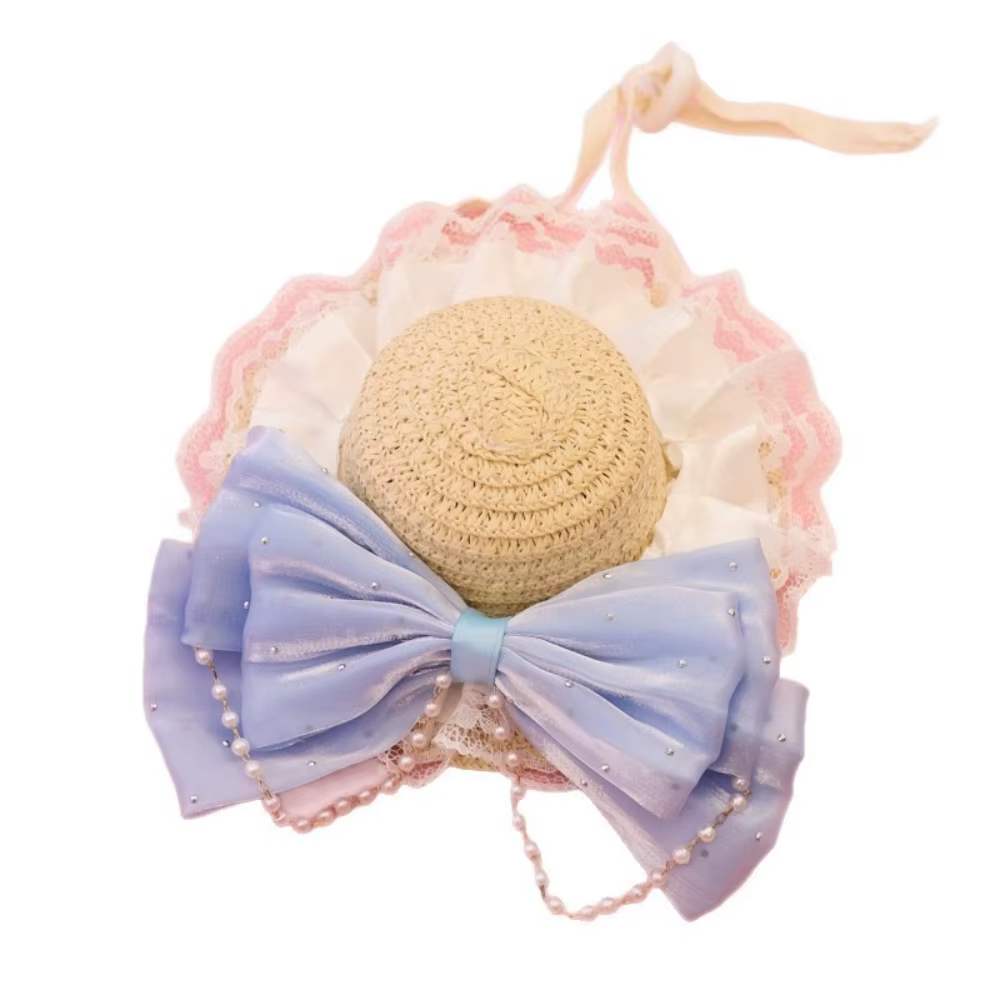 Sombrero de paja ajustable para gatos y perros pequeños con perlas - imagen 5
