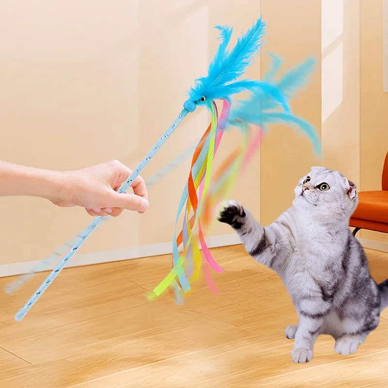 Juguetes interactivos de plumas para gatos, borla con campana, mango largo, suministros para mascotas - imagen 3