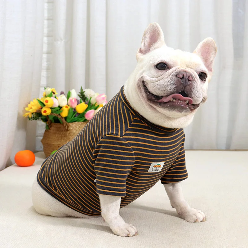 Camisas de algodón puro para perros, camiseta elástica a rayas gruesas para cachorros, ropa para mascotas, ropa para perros pequeños, Bulldog Francés para primavera y otoño - imagen 5