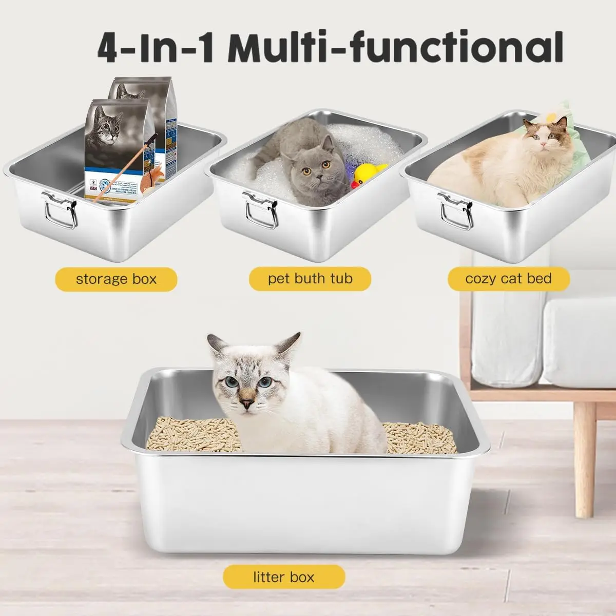 Caja de arena de acero inoxidable, lado alto con mango, adecuado para el control de olores y limpieza de conejos, gatitos y gatos mascotas. - imagen 3