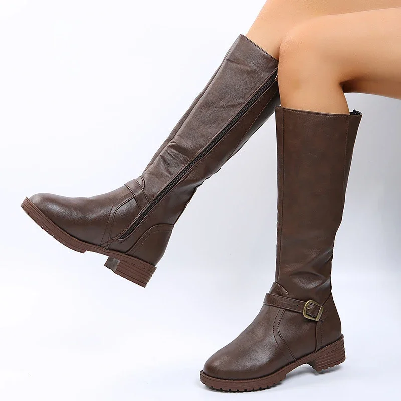 Botas hasta la rodilla Vintage marrones para mujer, botas largas con plataforma de tacón bajo de talla grande, botines cálidos de cuero Pu con cremallera para otoño e invierno - imagen 2
