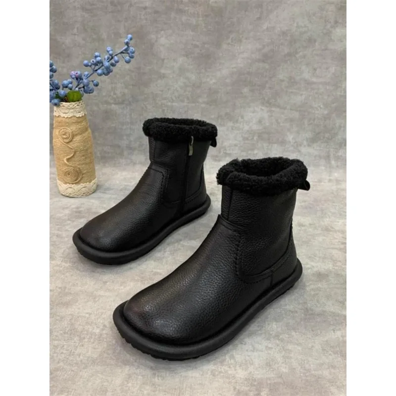 Botas de nieve Retro con cremallera y forro de Fce para mujer, botas intermedias de cuero y piel para otoño e invierno - imagen 4