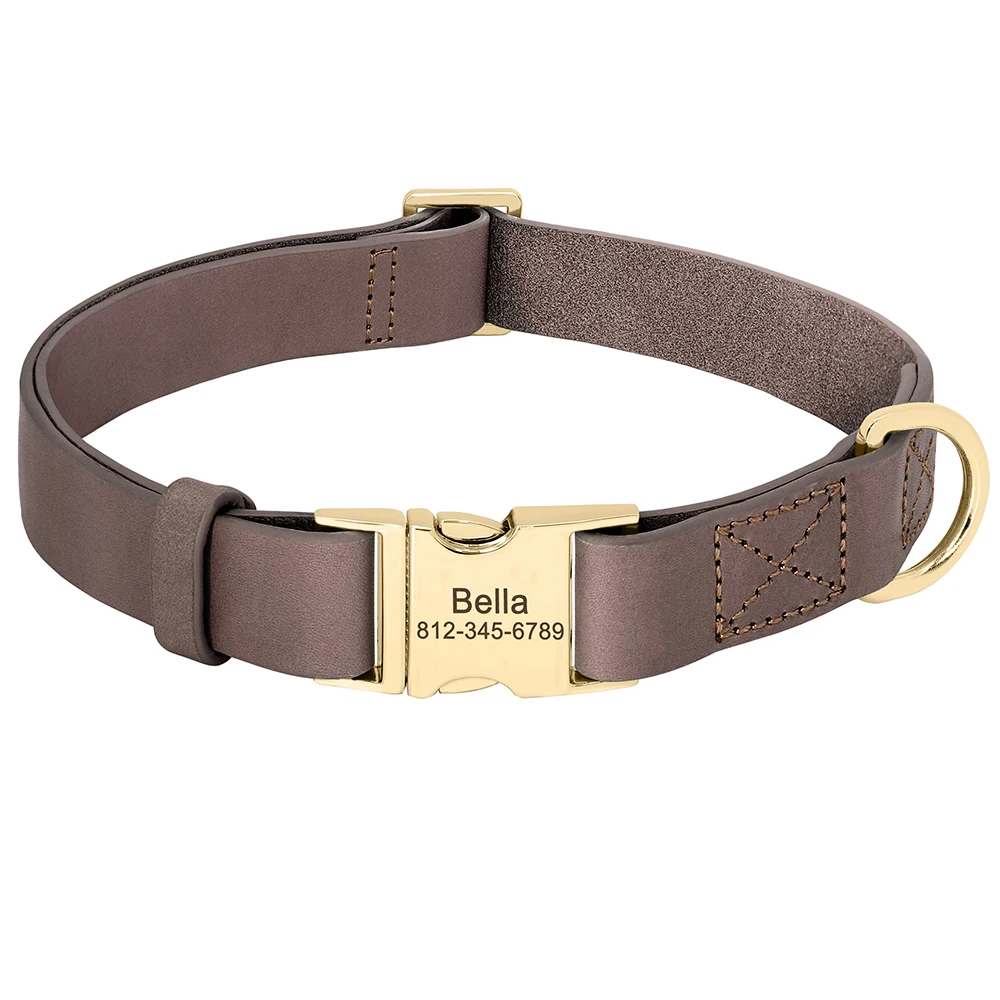 Collar de perro de cuero Real personalizado, collares de perro personalizados, Collar con hebilla con nombre de mascota grabado gratis para perros pequeños, medianos y grandes, Pug - imagen 3