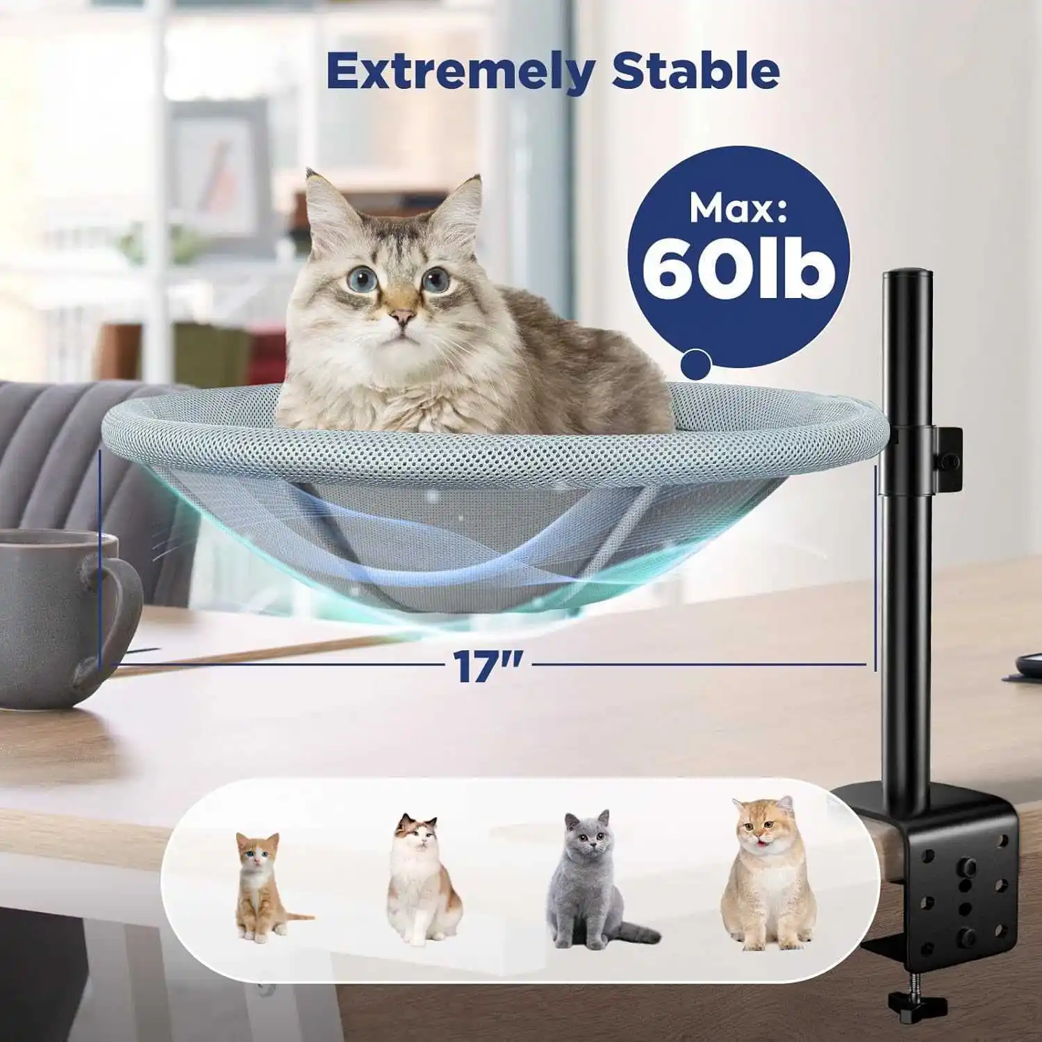 Escritorio nido para gatos cama para mascotas 360 °   Mesa de hamaca para gatos de escritorio, altura ajustable con rotación, soporte colgante, cama para mascotas - imagen 5