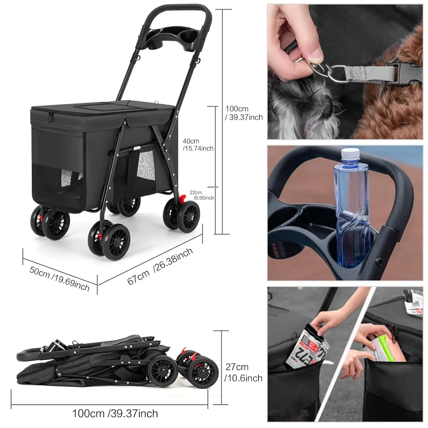 Carrito ligero para mascotas con ruedas plegable perro y gato
