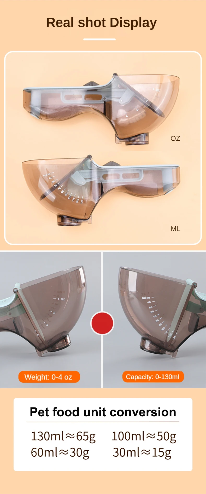 Cuchara medidora ajustable usada con comida de conejo