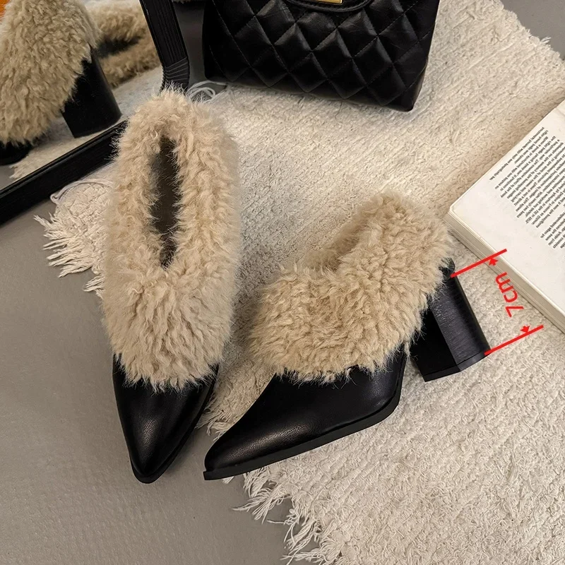 Warm Fluffy Fur Thick High Heel Pumps Women  Autumn Sexy Pointed Toe Furry Designer Ankle Boots Woman's Winter Short Boots - imagen 3