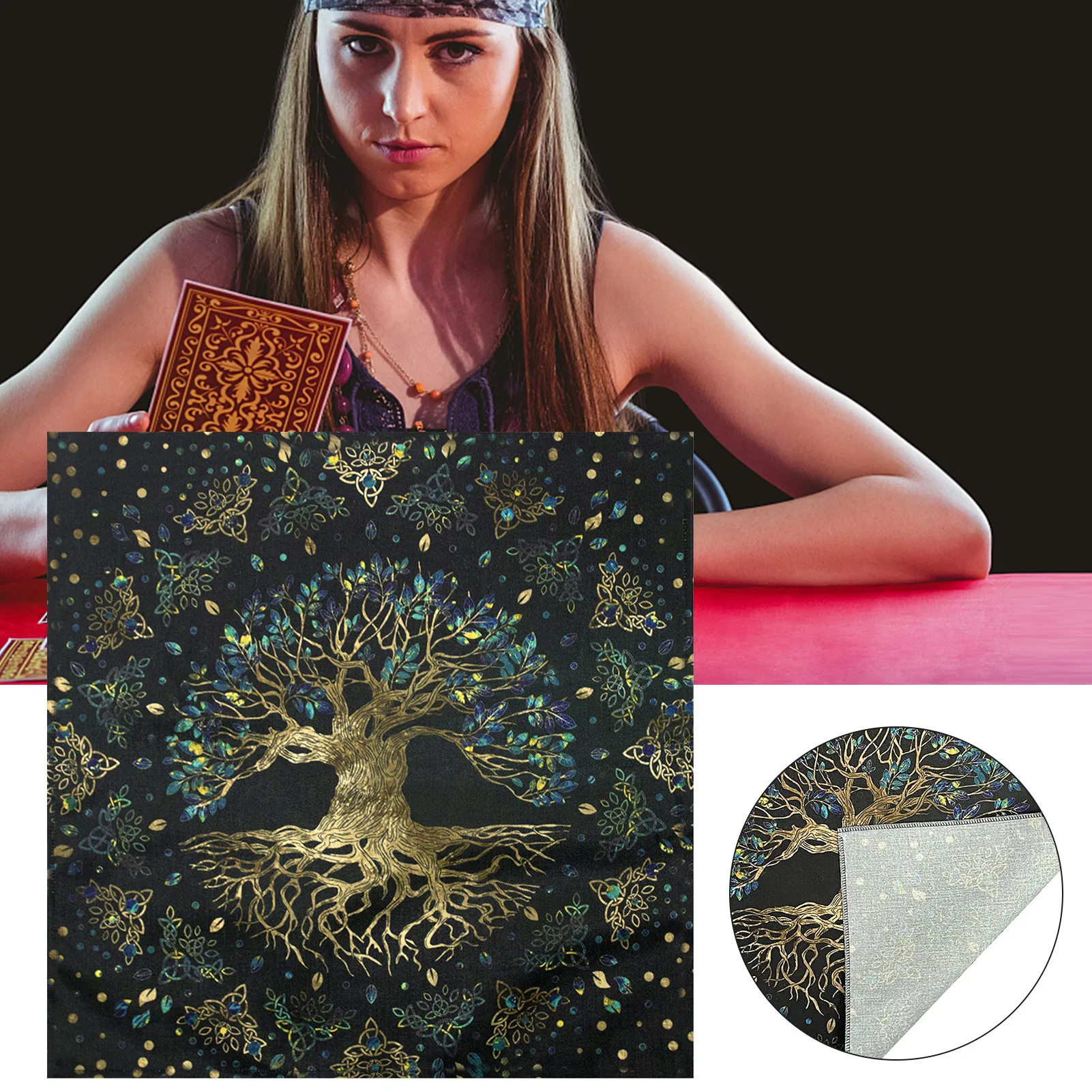 Cartas de Tarot del árbol de la vida, mantel de lino, adivinación, Altar, juegos de mesa, almohadilla de cartas de oráculo, runas, suministros de brujería, 60x60cm - imagen 4