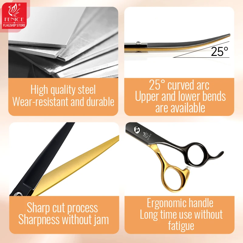 Fenice-tijeras de aseo para mascotas, 6,5/7 pulgadas, color negro y dorado, rectas, más delgadas, curvas, para principiantes, uso doméstico - imagen 3