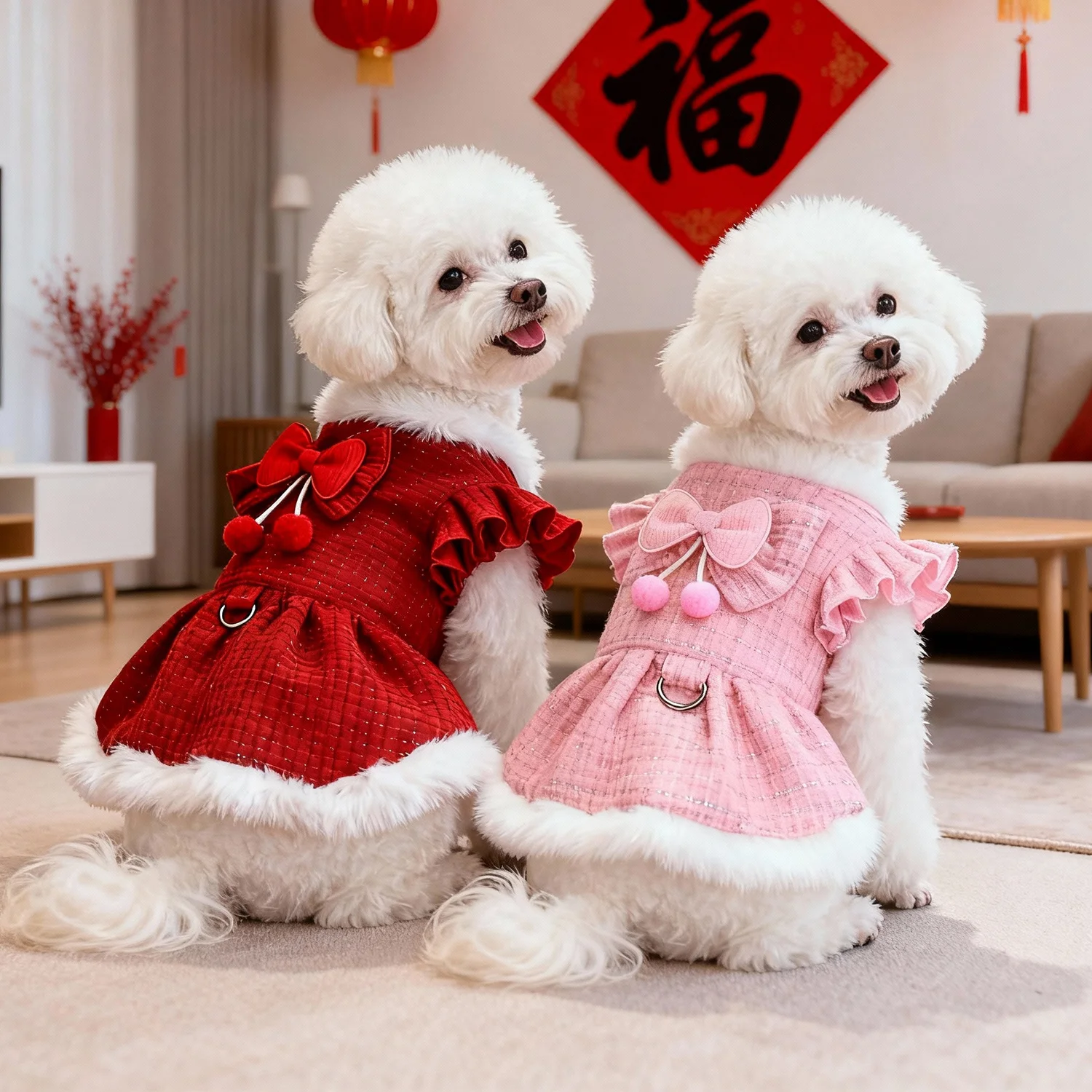 Vestido de tweed para perros pequeños con lazo y pompones - imagen 4