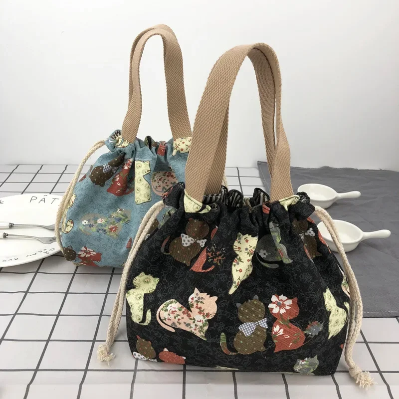 Bolso Bento japonés, bolsa de lona con cordón de dibujos animados de Anime, plegable, sostiene dos fiambreras - imagen 3