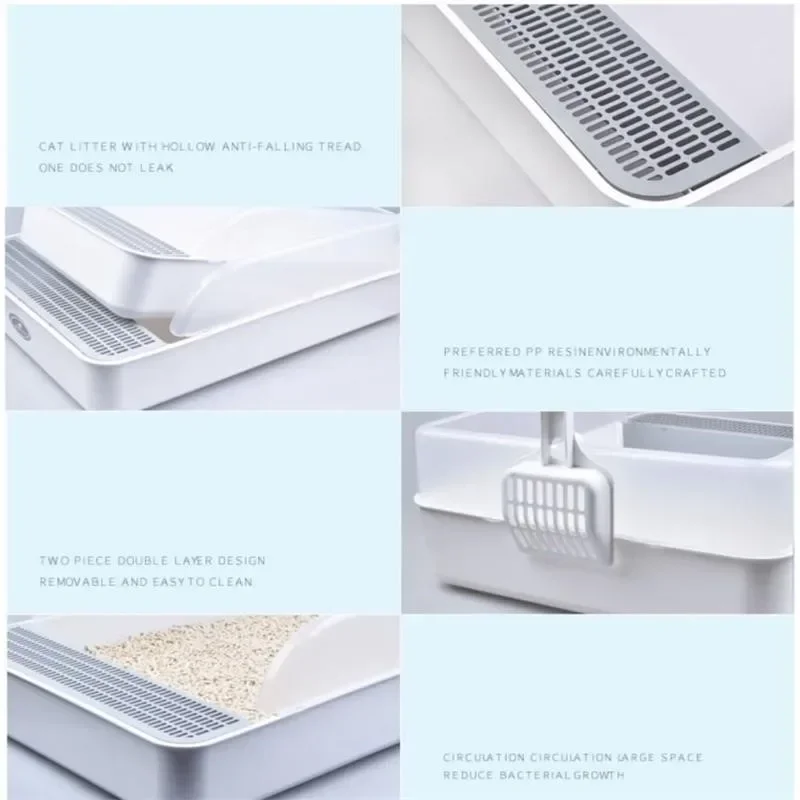 Sartenes semiabiertas para gatos, bandeja de arena de plástico para gatos, caja de arena antisalpicaduras de lado alto con cuchara para tamizar arena - imagen 4