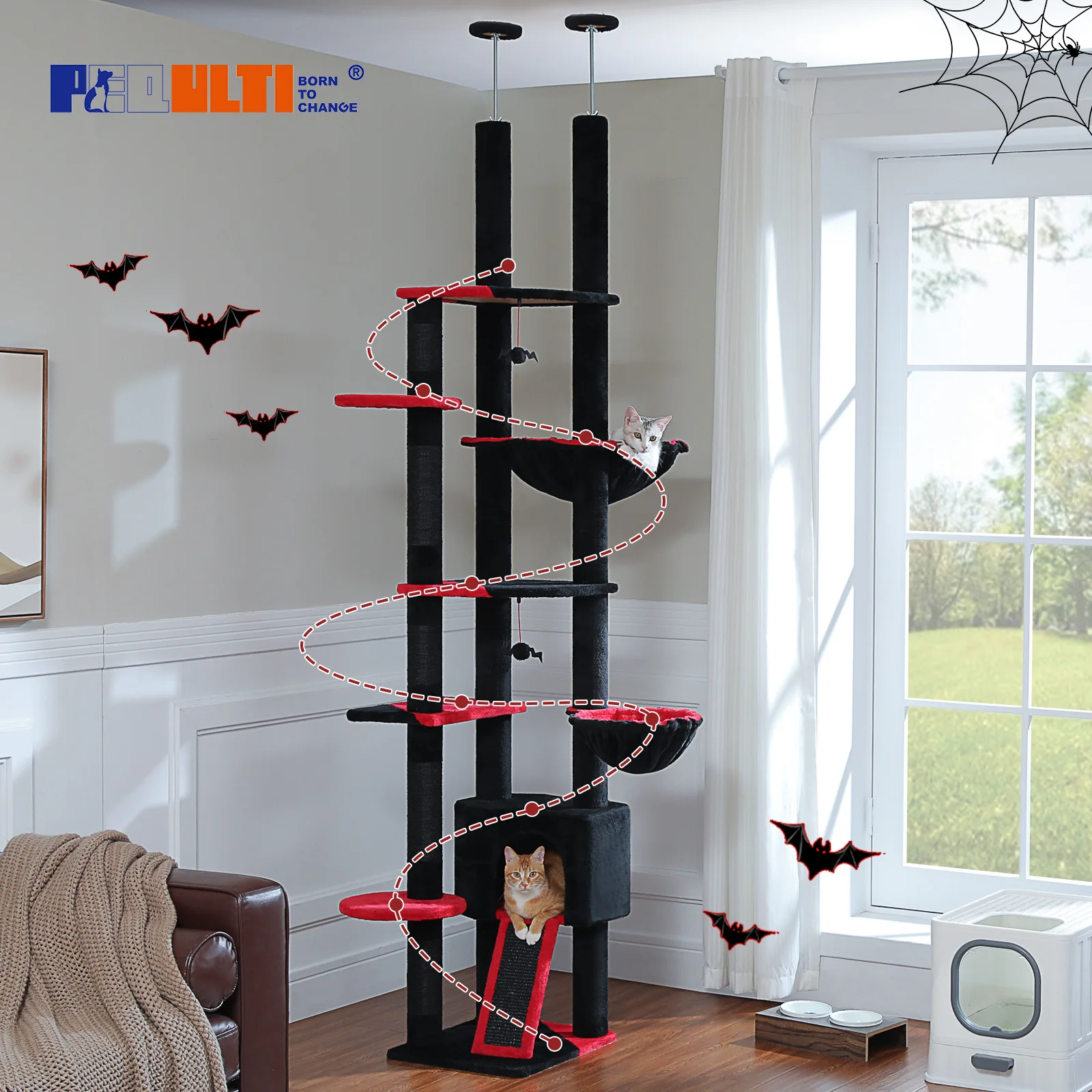 Árbol para gatos alto de altura ajustable para interiores, torre para gatos de piso a techo con condominio acogedor, hamaca grande, poste rascador para gatos, juguetes para gatos - imagen 3