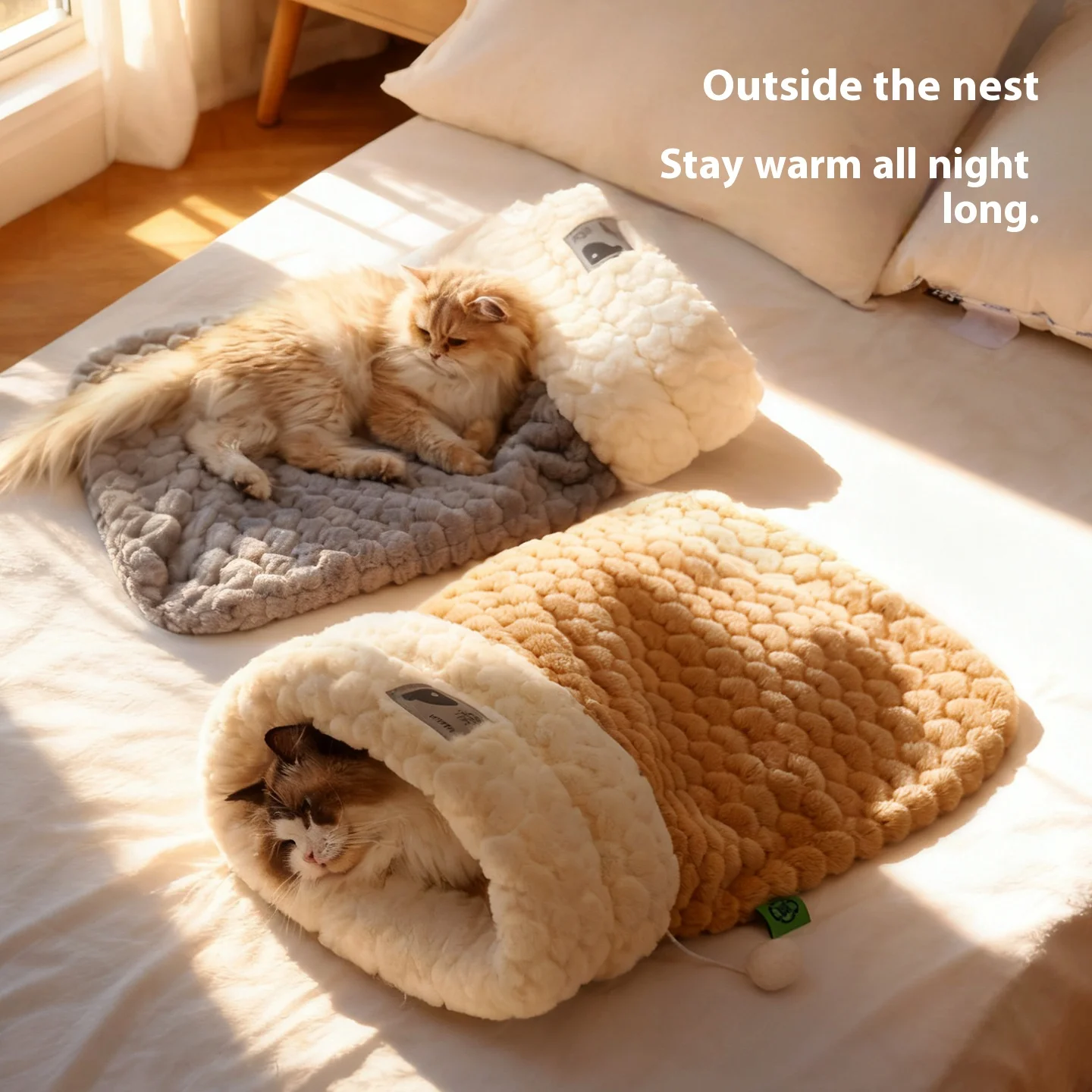 Cama para gatos cerrada con entrada de túnel: saco de dormir de piel de conejo de peluche autocalentable para invierno, escondite seguro para mascotas
