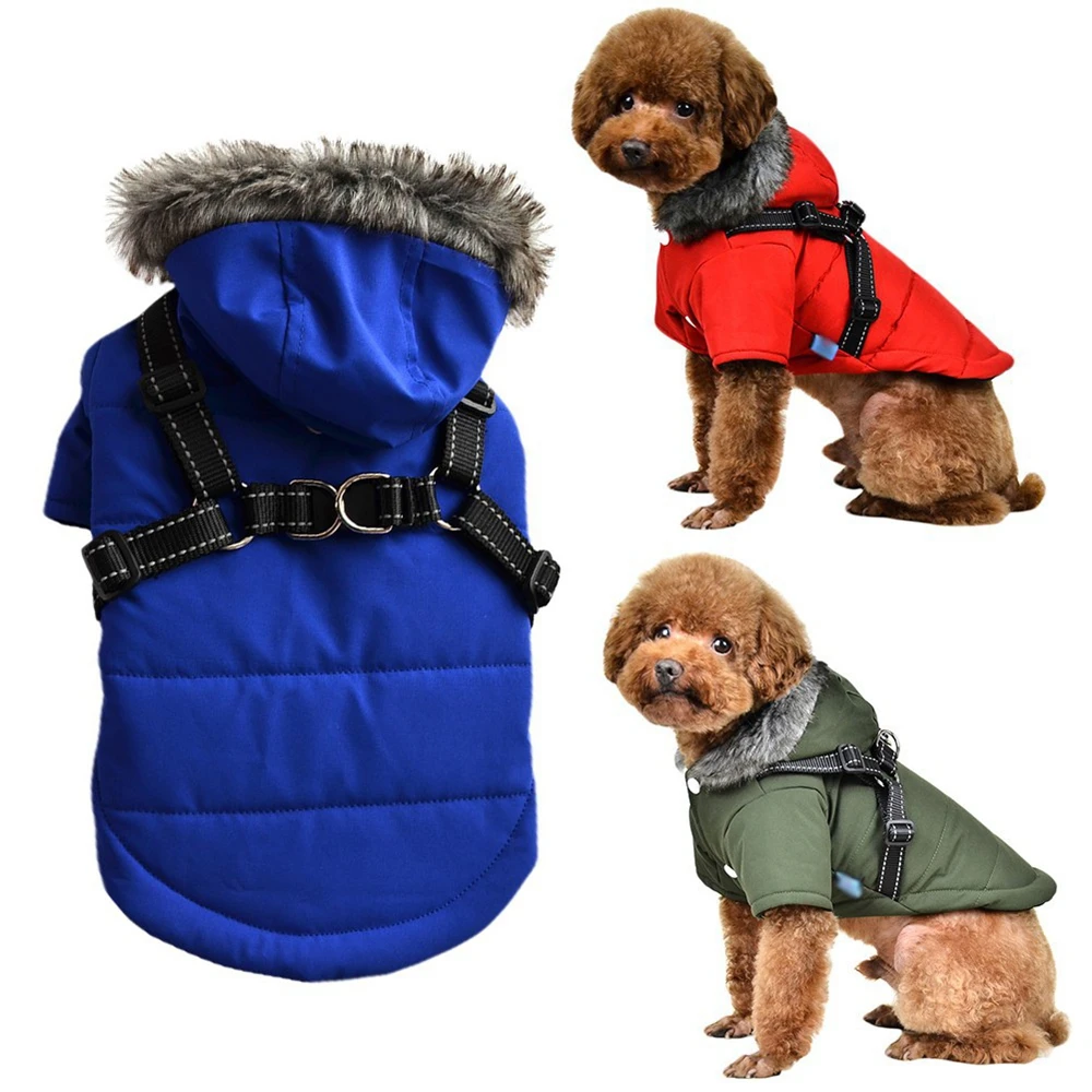 Chaqueta cálida con arnés para perro, abrigo con capucha para mascotas, traje de clima frío, abrigos acogedores, chaqueta de nieve para perros pequeños y medianos - imagen 4