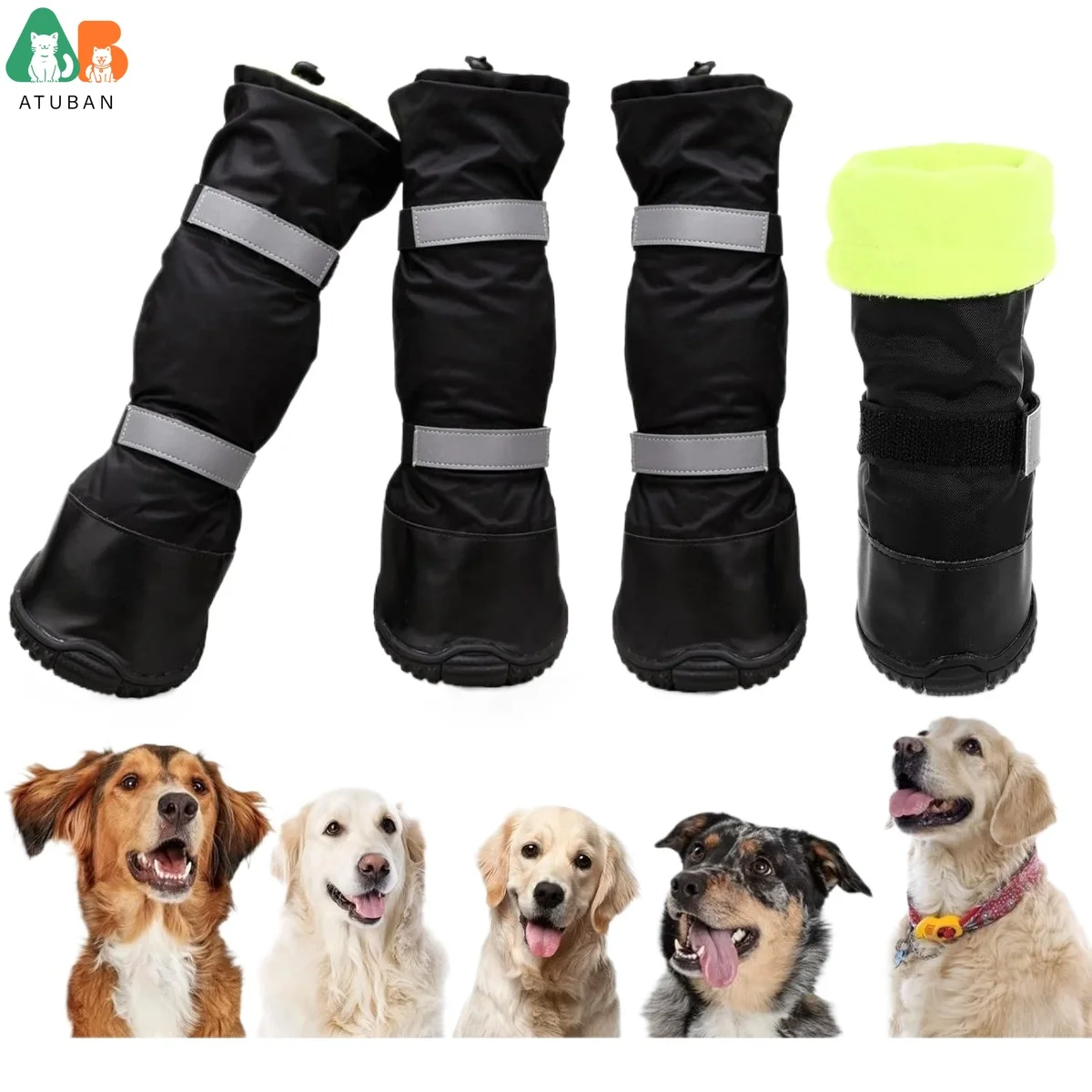 Botas de lluvia para perros ATUBAN con forro polar cálido, zapatos para perros medianos y grandes impermeables y antideslizantes con correas reflectantes y suela resistente