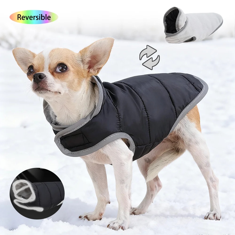 Abrigo Reversible para perro, chaqueta reflectante cálida para invierno para perros pequeños y medianos, chaleco de lana para mascotas con agujero para correa, trajes de Pug